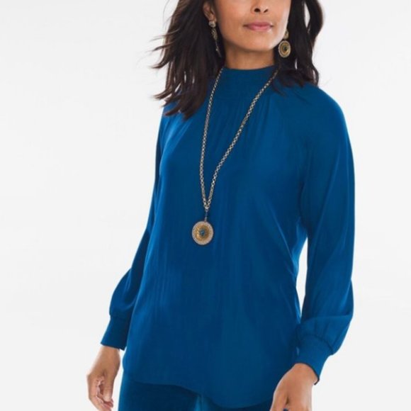 Chico's ~ Smocked Mock Neck Draped Pleated blouse - Picture 1 of 10